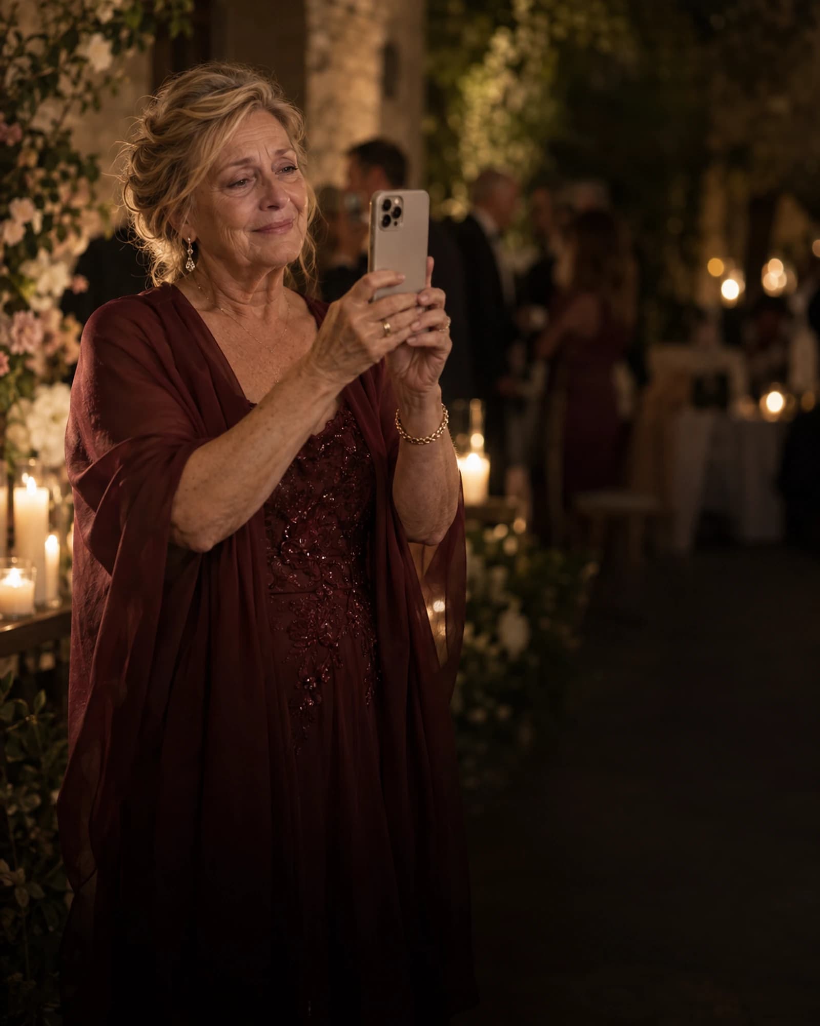 An older woman holding her phone with both hands while recording an emotional message