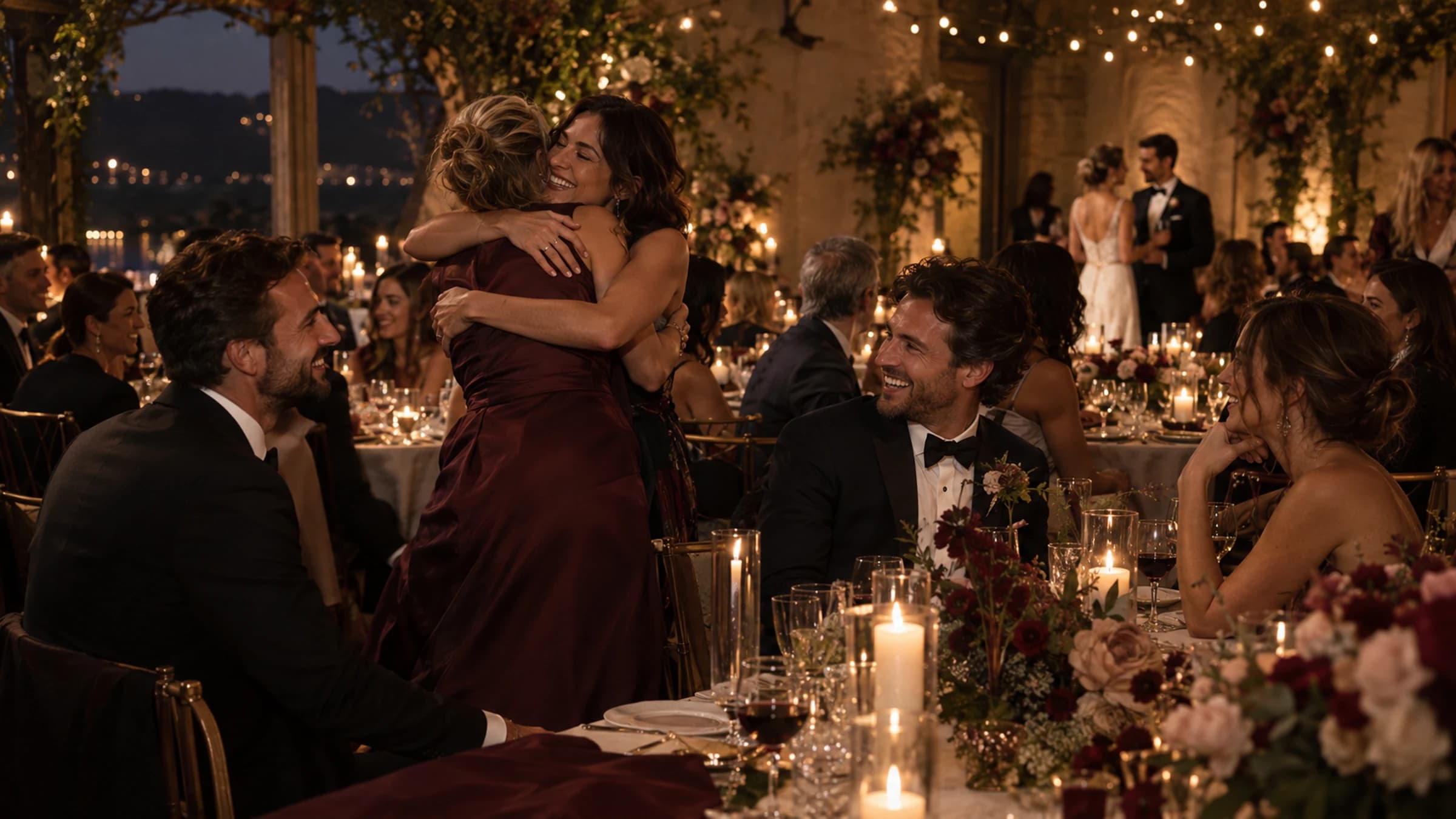 Wedding reception seen from between the tables, with guests hugging and laughing while the couple stands in the background