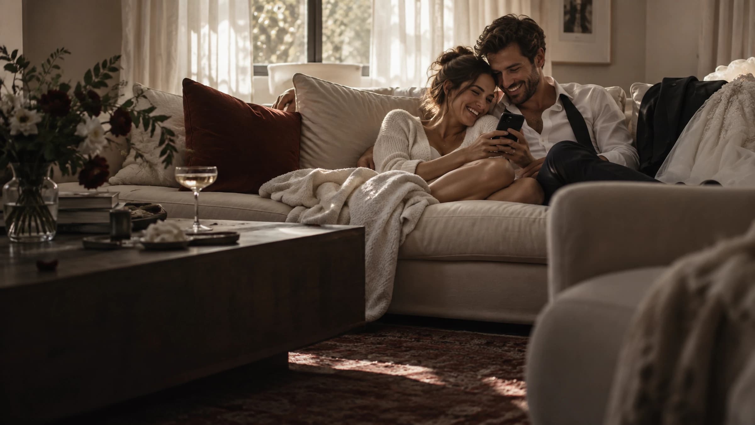 Newlyweds on the couch the morning after the wedding, laughing while looking at photos on a phone