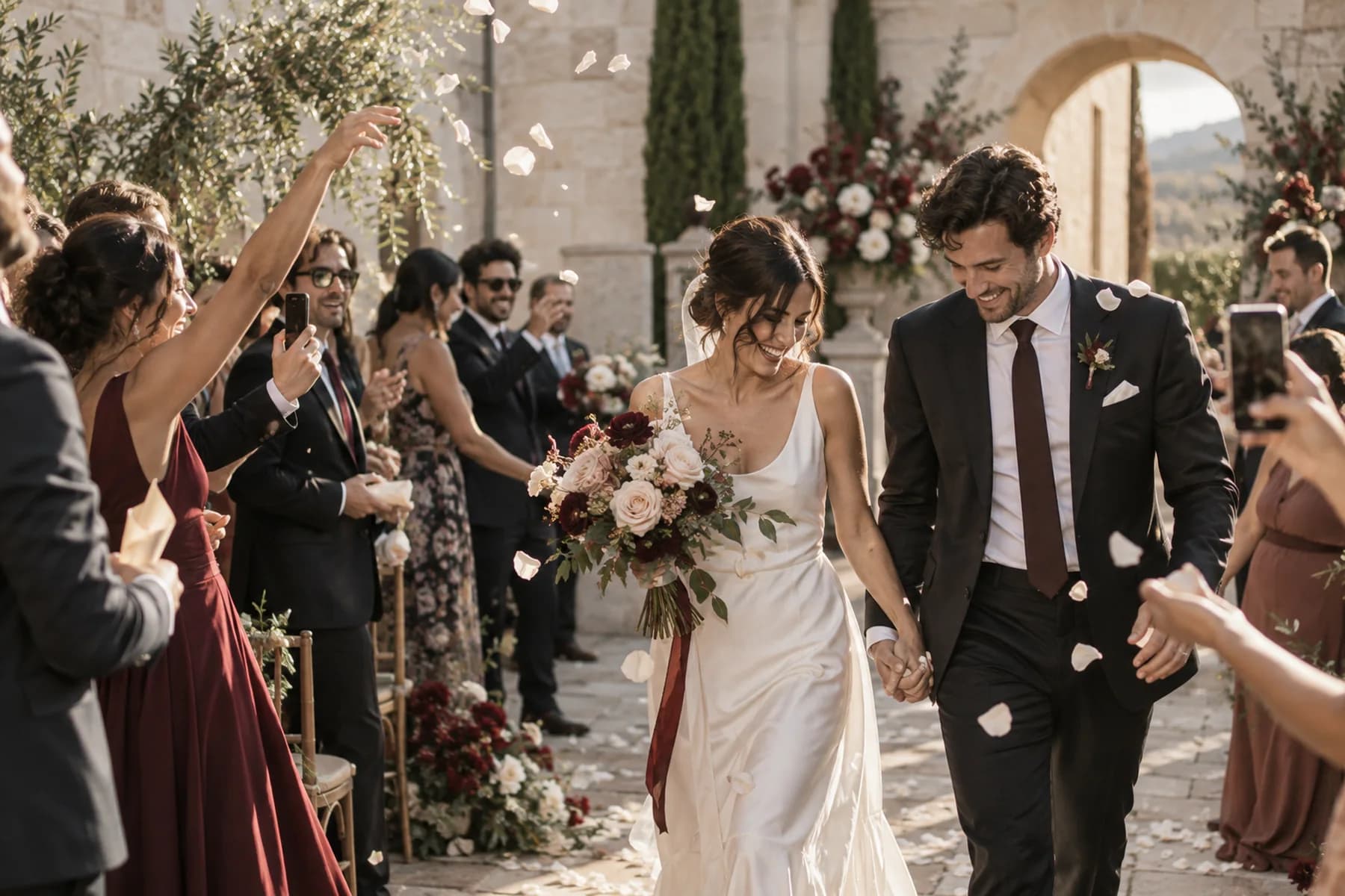 Newlyweds leaving the ceremony while guests capture the moment on their phones