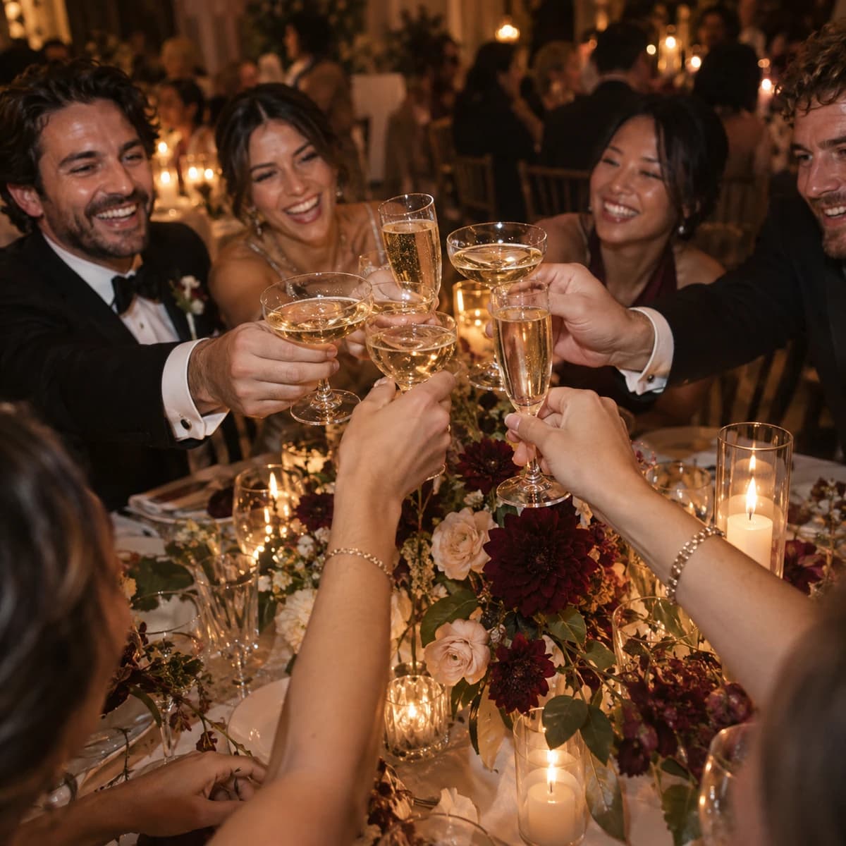 Friends raising their glasses in a toast at the table