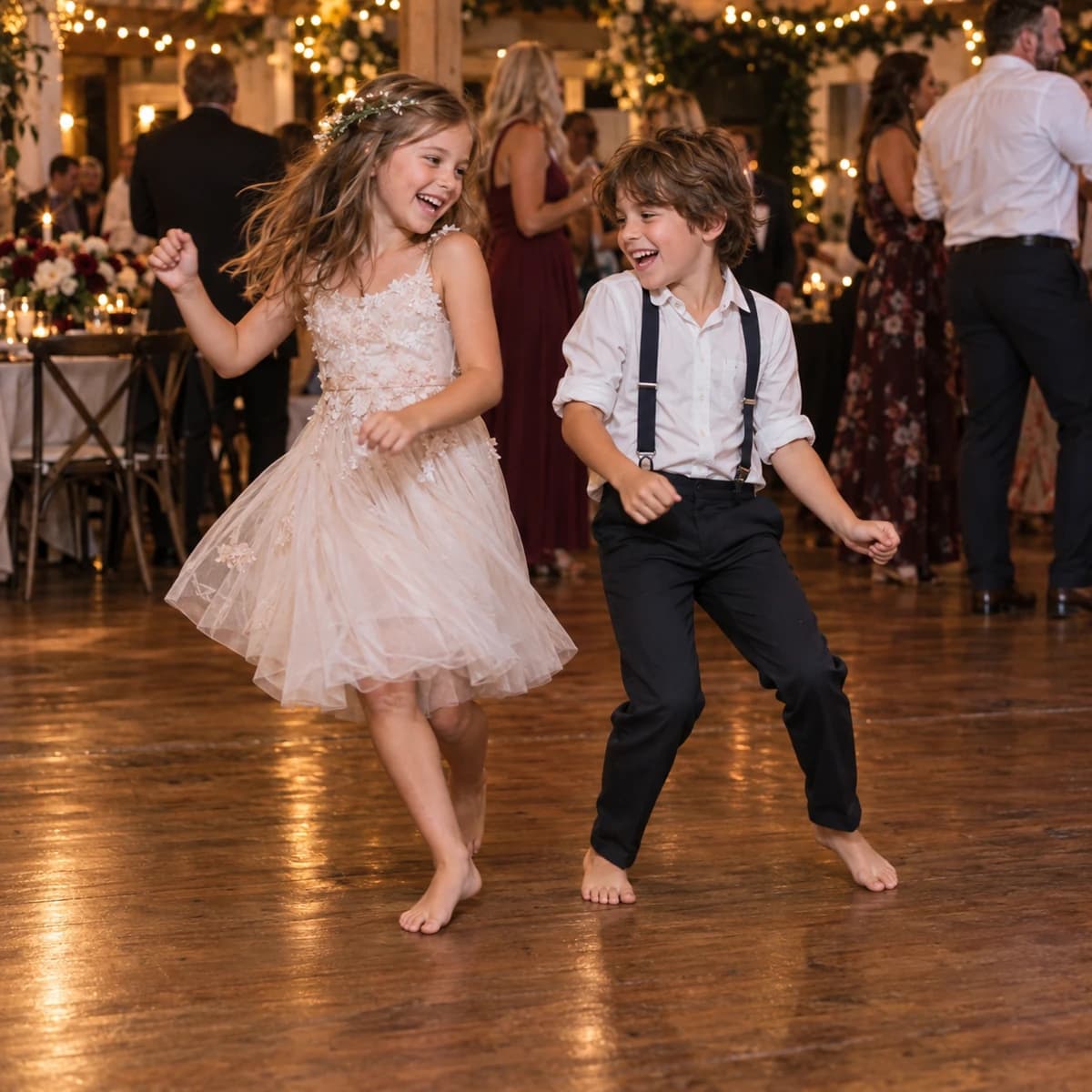 Barefoot kids dancing on the wedding dance floor