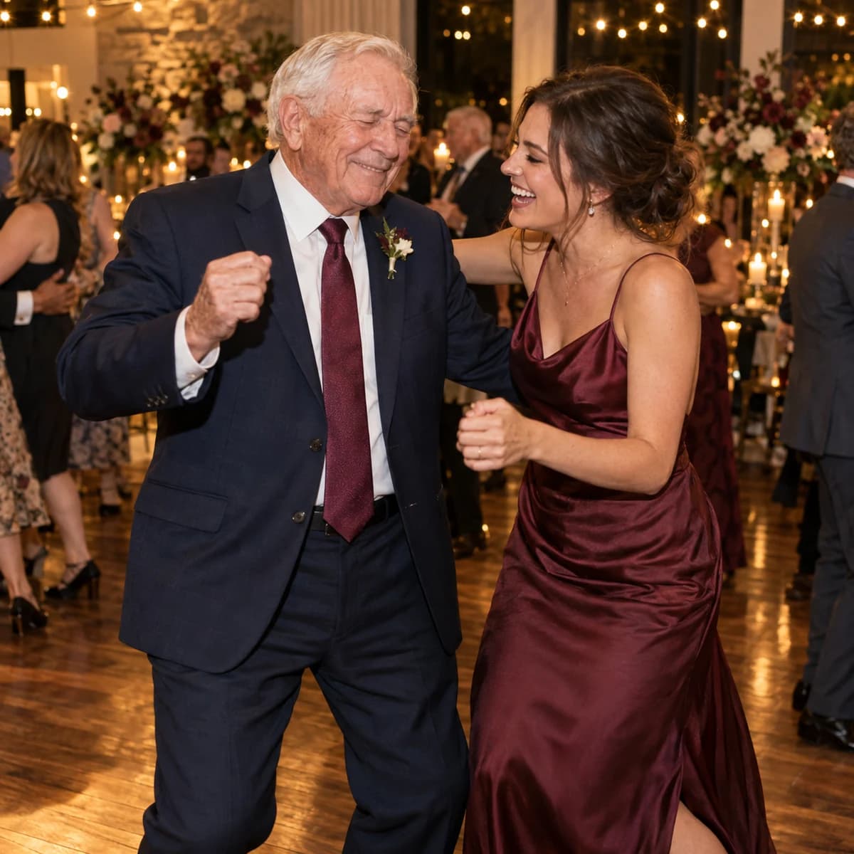 Grandfather in a suit dancing with his eyes closed, smiling next to his granddaughter